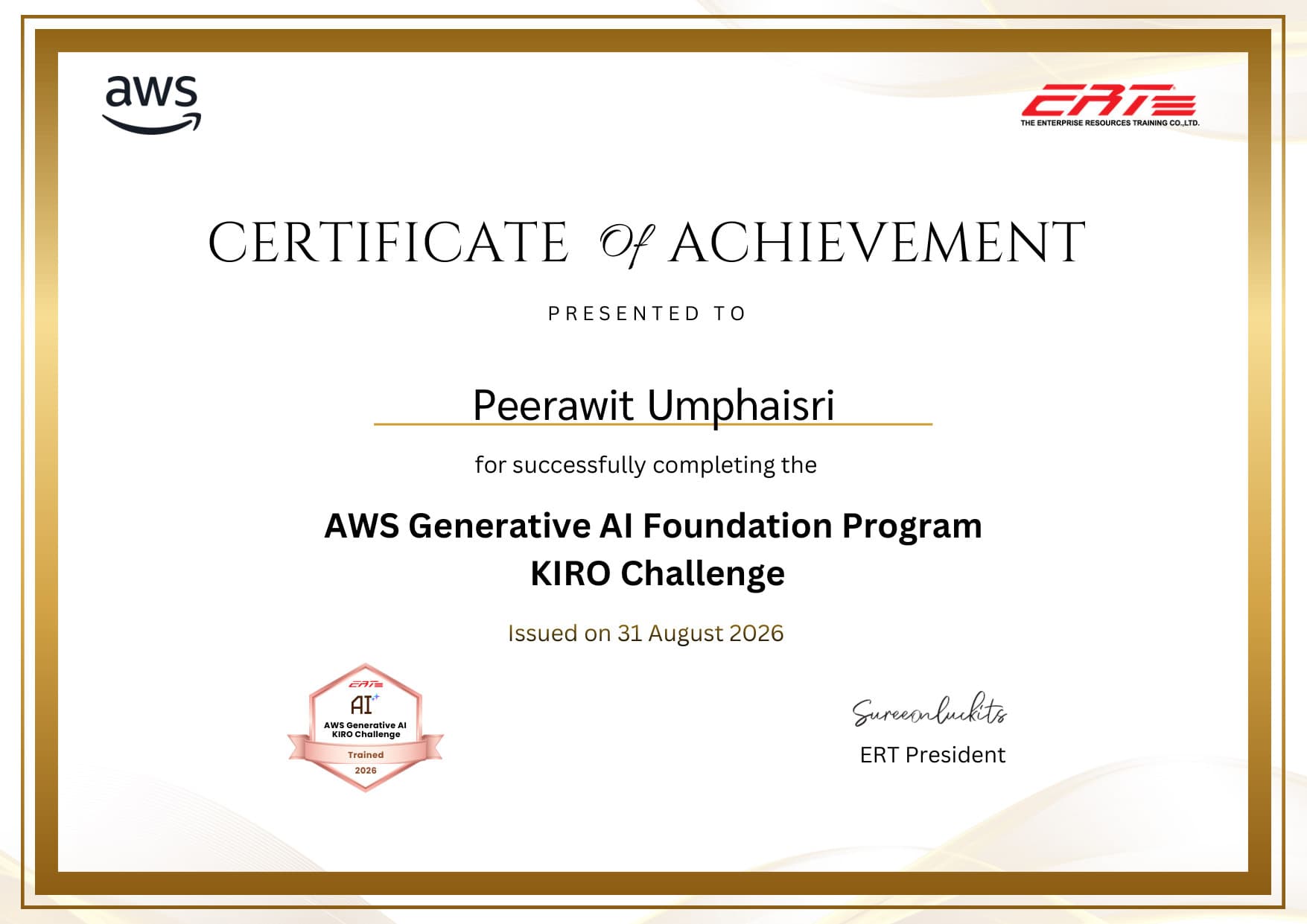 Certificate of achievement: AWS Generative AI Foundation Program, KIRO Challenge